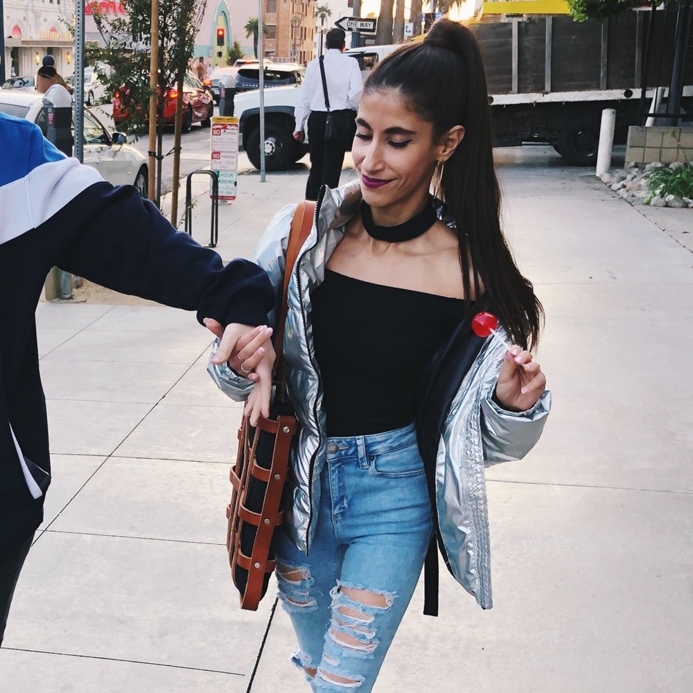 F21 Hologram Puffer Coat w/ Flag Collar